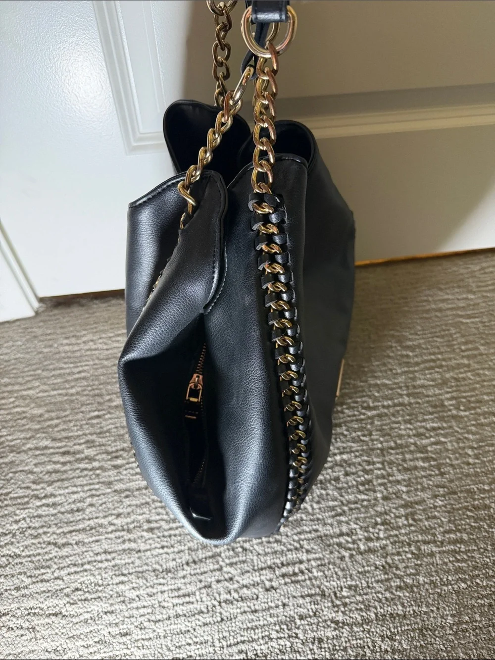 bebe Black Leather Hobo with Gold Chain Trim